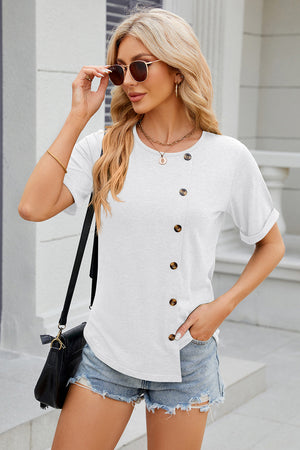 White asymmetric button-up tee with short sleeves and a rounded neckline.