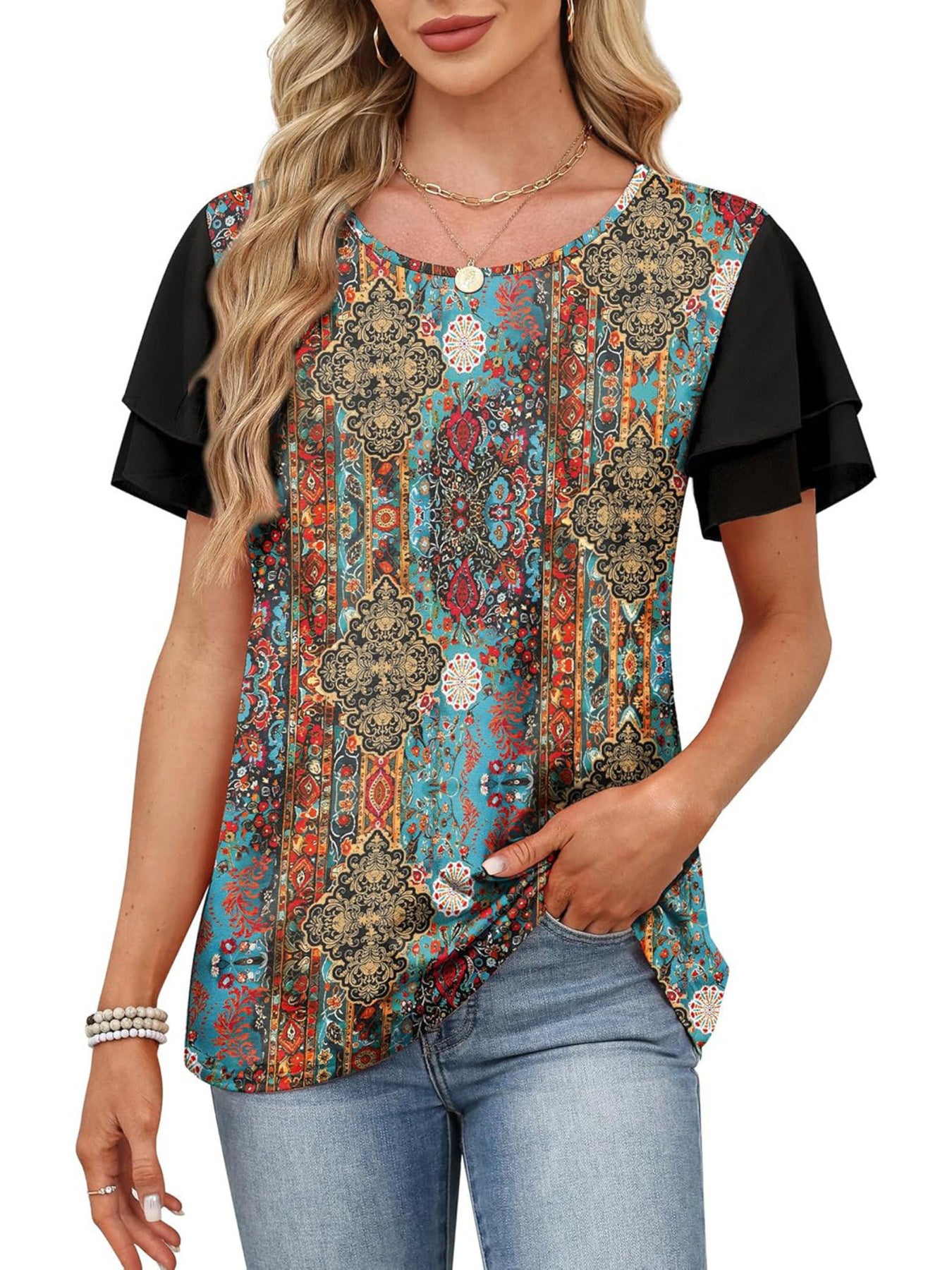 Layered ruffled short sleeve t-shirt with multicolor ornate floral print and black sleeves.