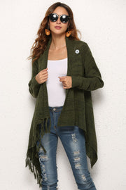 Olive asymmetric fringe knit cardigan with button detail