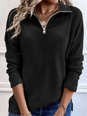 Black ribbed knit quarter-zip pullover sweater with a relaxed fit and silver zipper detail.