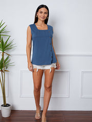 Dark blue square neck button-down tank top with subtle pleating detail.