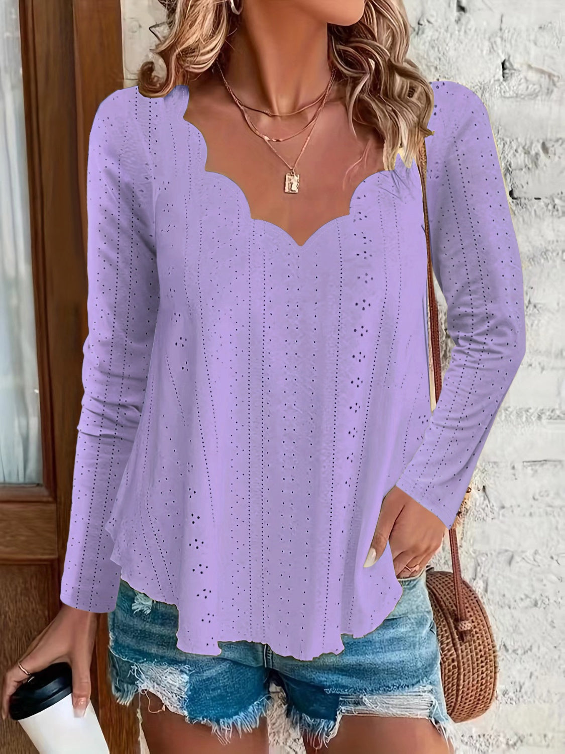 Lavender eyelet blouse with scalloped neckline and long sleeves
