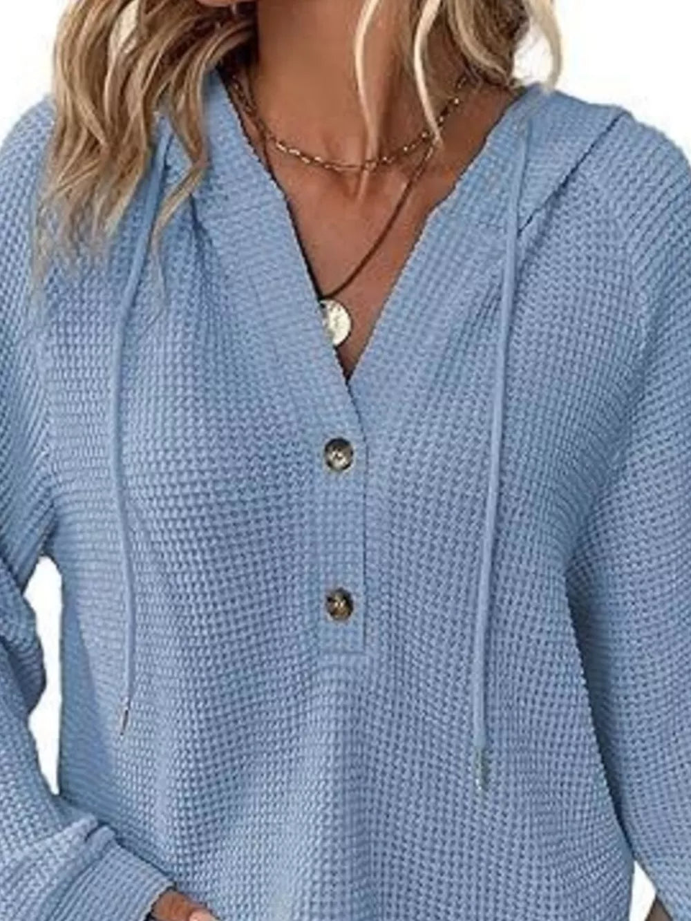 Full Size Waffle Knit Half-button Hoodie Plus Size in Black, view 13