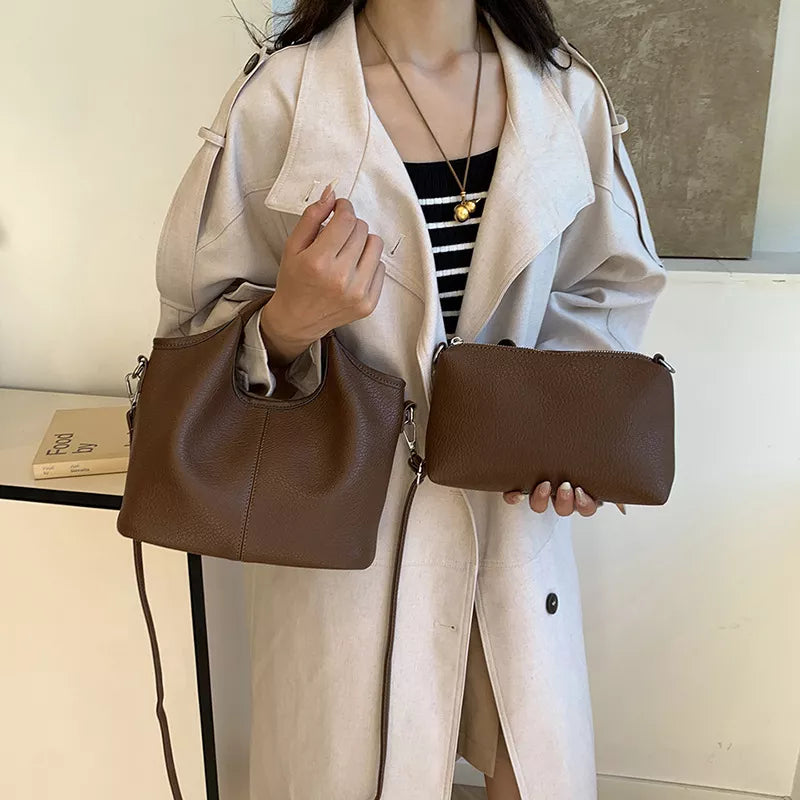 Textured Leather Crossbody Bag With Pouch in Gray, side view