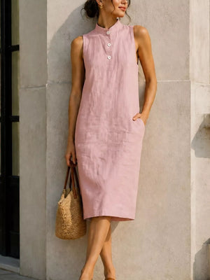 Button Detail Sleeveless Midi Dress in Lotus Color, back view