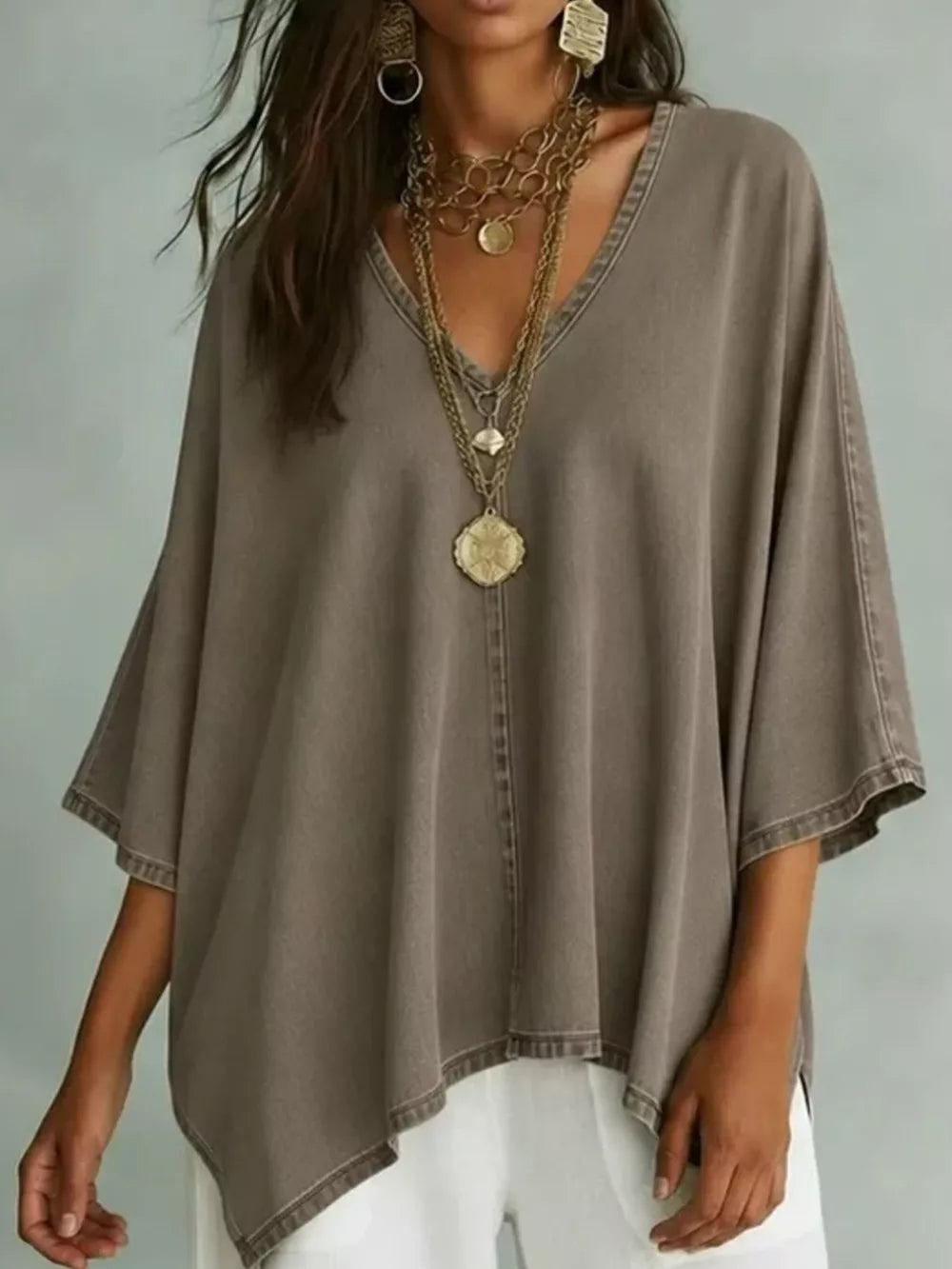V-neck Batwing Sleeve T-shirt, front view