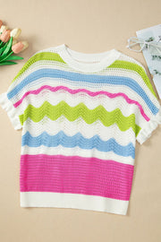 Scalloped crochet tee with ruffle sleeves in stripe colorblock pattern.