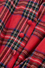 Christmas Plaid V Neck Tie Waist Midi Dress in Deep Red, view 12