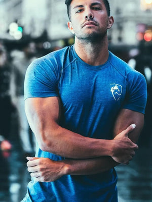 Blue performance raglan tee with emblem on chest