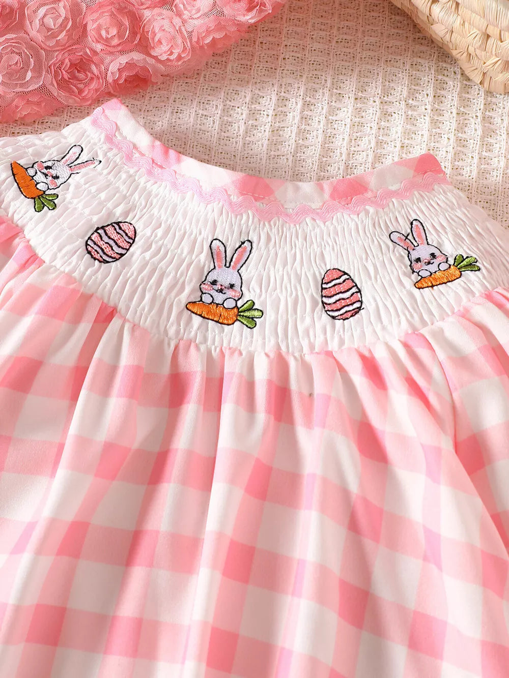 Children's Plaid Smocked Long Sleeve Top And Pants Set in Pink, side view