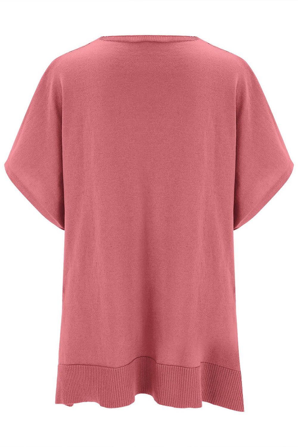 Relaxed V-neck knit poncho top in Dusty Pink with short sleeves and ribbed hem.