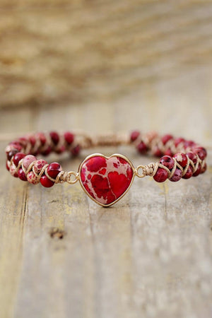 Red heart stone braided bracelet with natural stone beads.