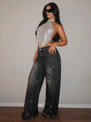 Rhinestone-embellished High-waist Jeans