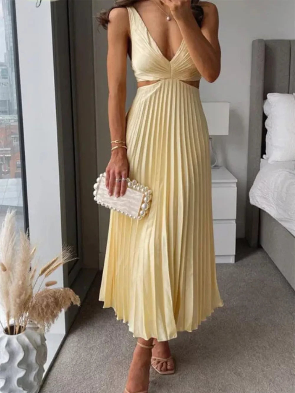 Elegant Pleated Midi Dress With Cut-outs in Red, front view