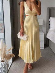 Elegant Pleated Midi Dress With Cut-outs in Red, front view