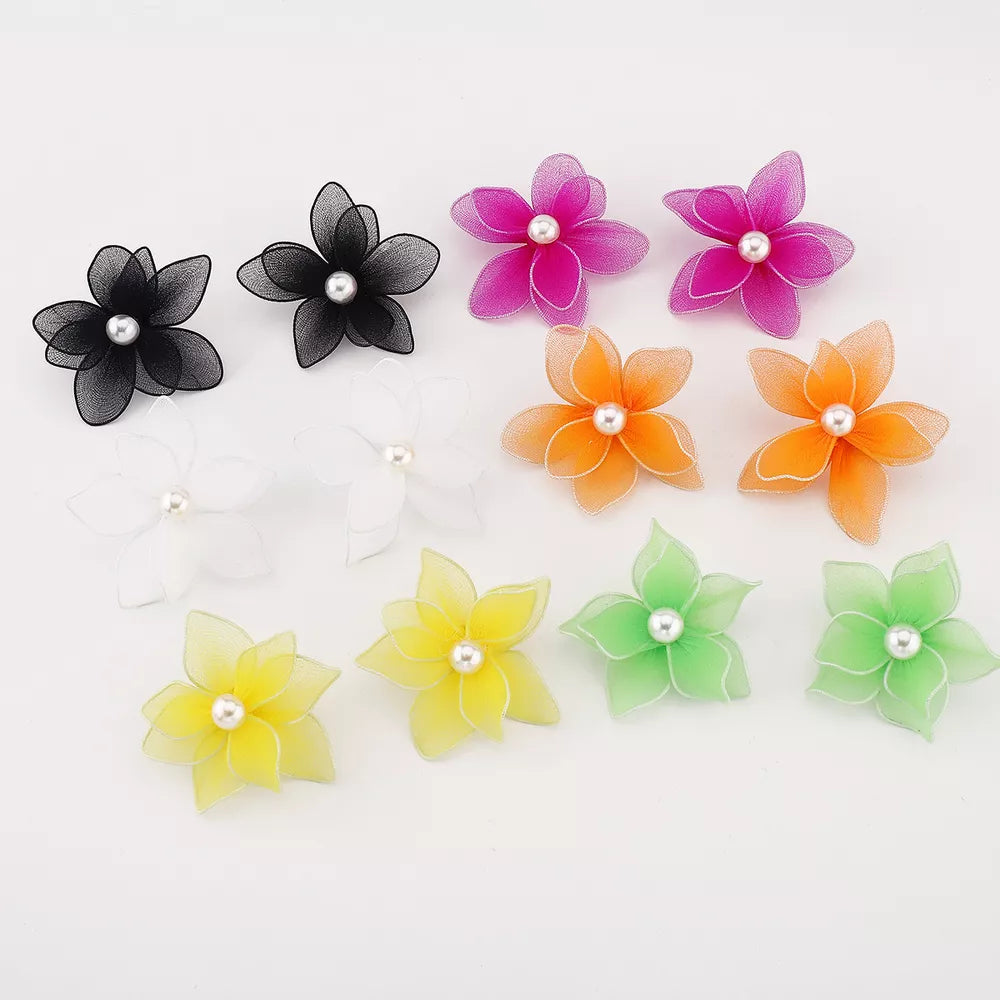 Vibrant floral pearl stud earrings in white, green, rose red, yellow, black, and orange organza.