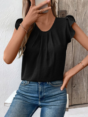 Black pleated yoke flutter sleeve blouse with a scoop neck.