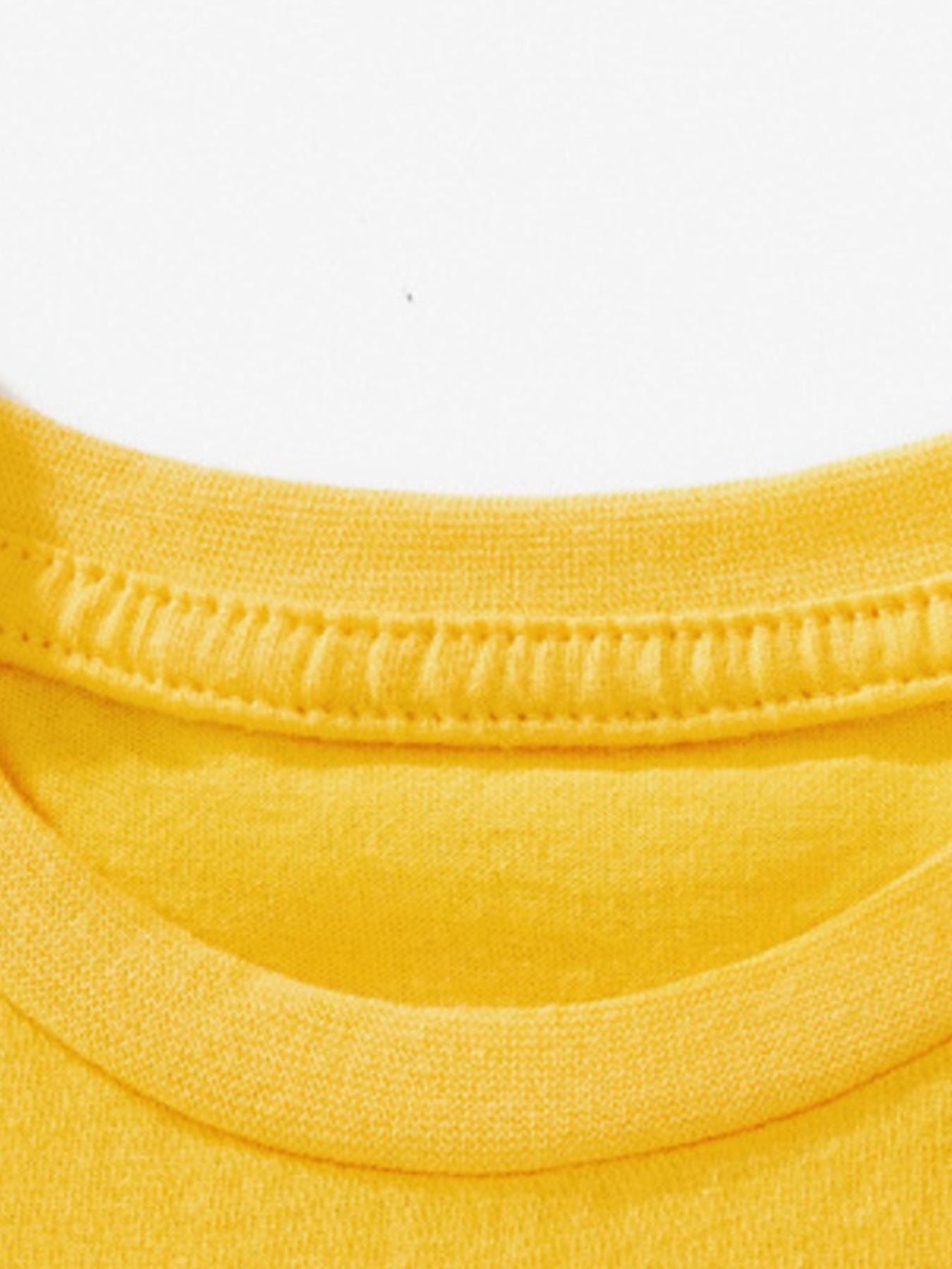 Yellow cotton toddler tee neckline detail with double stitching.