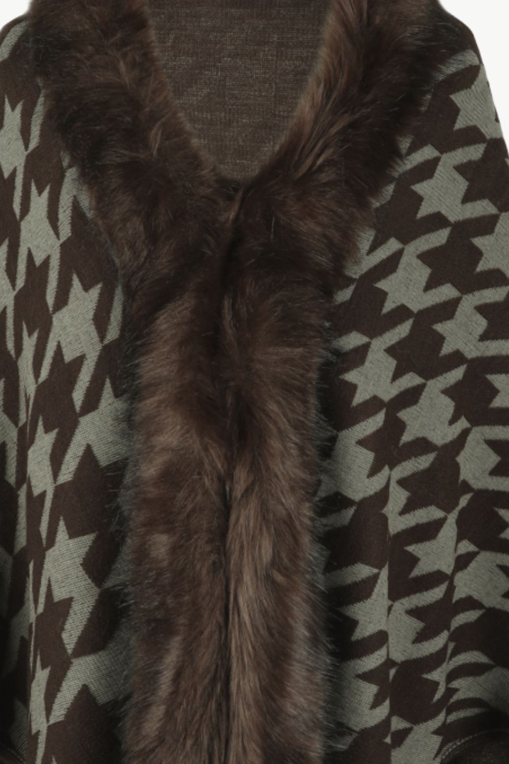 Houndstooth faux fur collar poncho in chocolate brown with a grey pattern and dark brown trim.