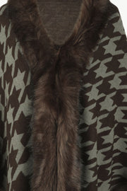 Houndstooth faux fur collar poncho in chocolate brown with a grey pattern and dark brown trim.