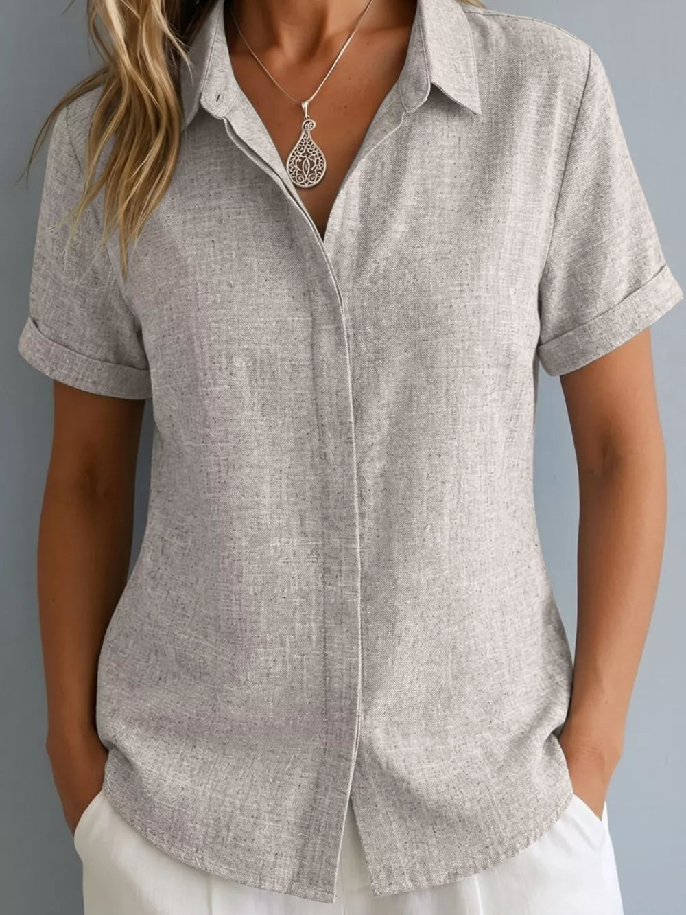 Full Size Collared Short Sleeve Shirt Plus Size in Lotus Color, alternate angle