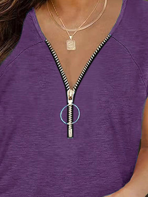 Violet zip-front ruched cap-sleeve tee with a ring zipper pull.