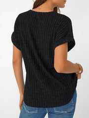 Black ribbed v-neck t-shirt with short sleeves and relaxed fit.