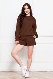 Chocolate crewneck sweatshirt and pocket shorts loungewear set.