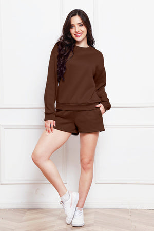 Chocolate crewneck sweatshirt and pocket shorts loungewear set.