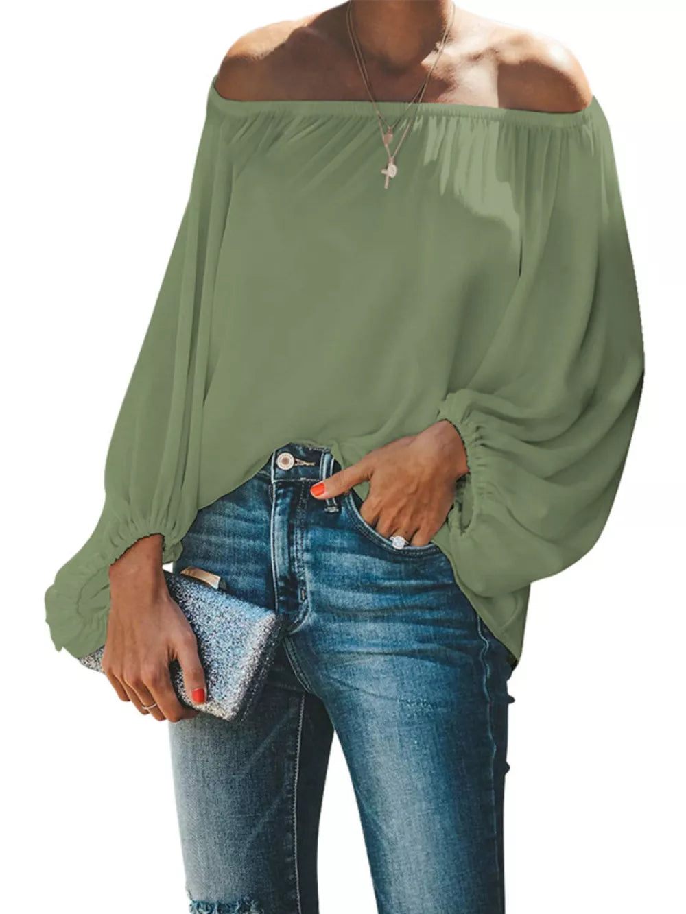 Green off-shoulder maternity blouse with balloon sleeves and elastic cuffs.