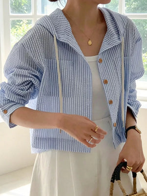Striped Hooded Shirt With Drawstring, front view