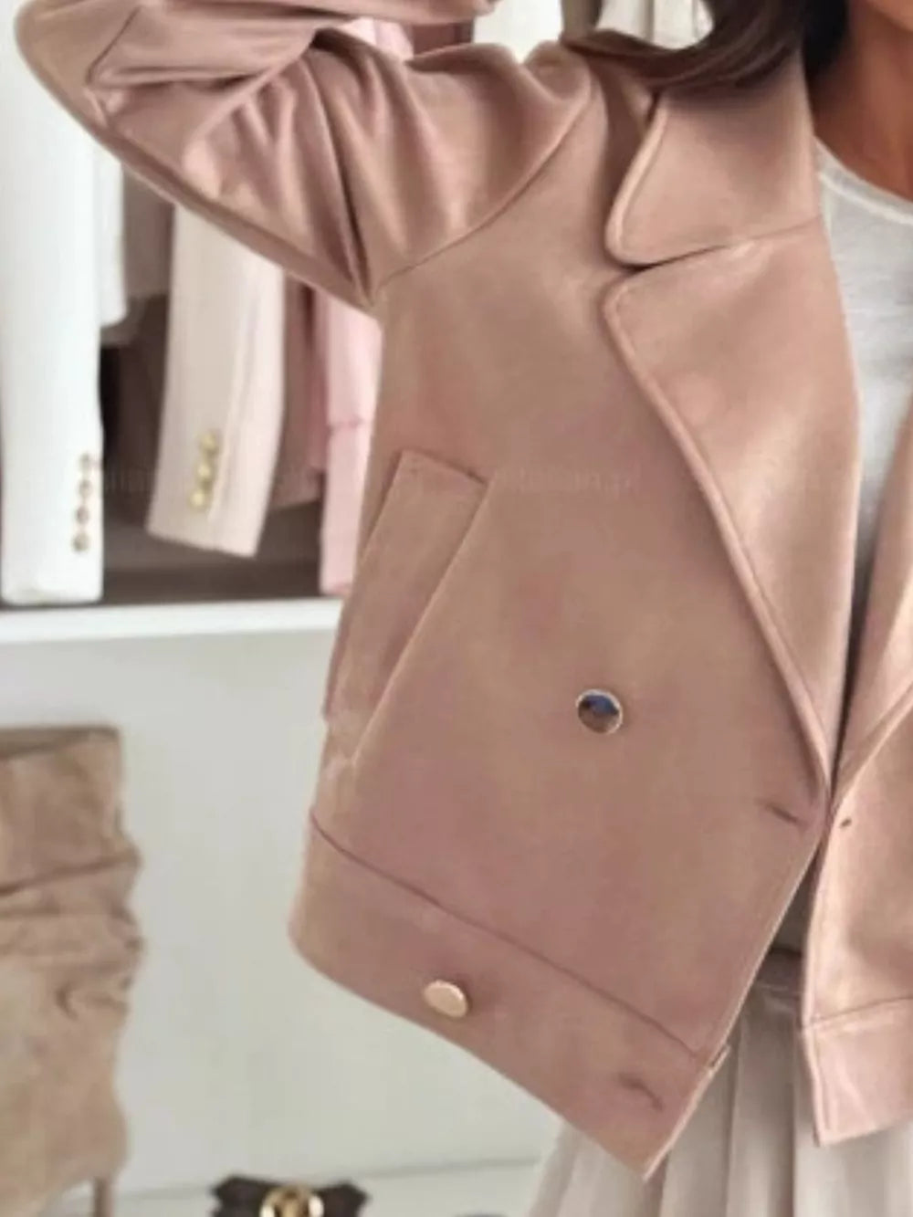 Chic Double-breasted Cropped Jacket in Dusty Pink, back view