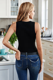 Black ribbed knit scoop neck tank top with a casual fit.