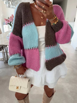 Pastel Harmony open front cardigan with balloon sleeves in pink, blue, and brown colorblock.