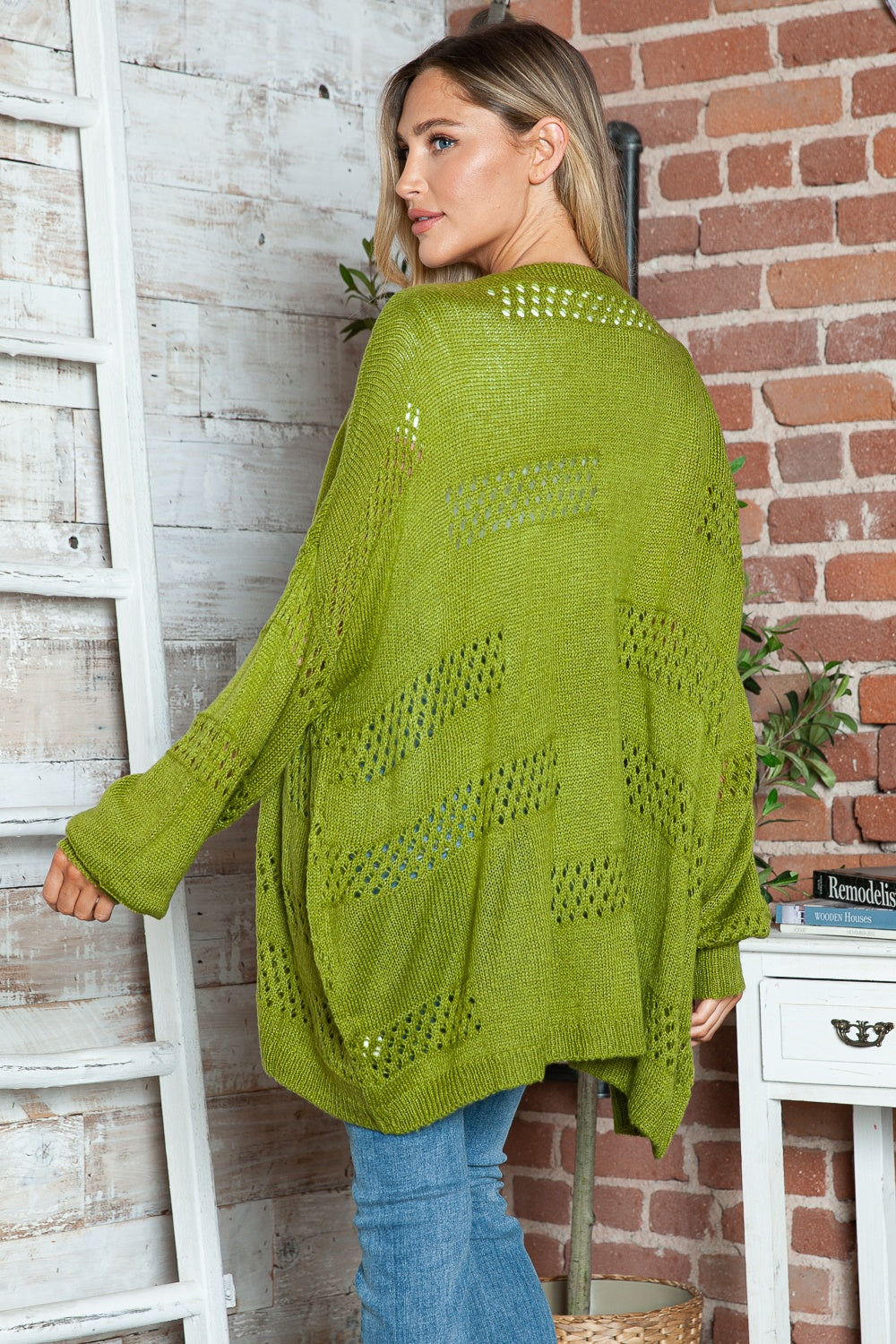 Open-knit slouchy cardigan in matcha green acrylic with a relaxed fit and open weave details.