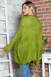 Open-knit slouchy cardigan in matcha green acrylic with a relaxed fit and open weave details.
