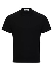Black athletic fit mock neck t-shirt with short sleeves.