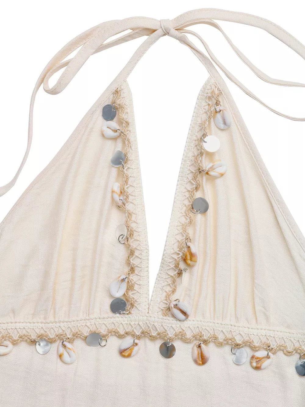 Bohemian halter maxi dress in apricot with shell and sequin trim.