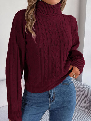 Burgundy cable knit turtleneck sweater with drop shoulder and ribbed cuffs.