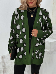 Leopard print open-front knit cardigan in army green with pockets.