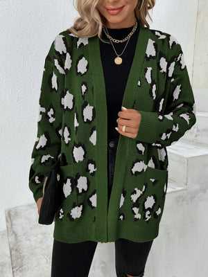 Leopard print open-front knit cardigan in army green with pockets.