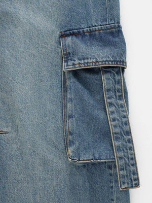 Light blue denim maternity cargo pants with vintage wash and detailed pocket flap.