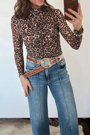 Leopard print high neck slim fit long sleeve shirt with sheer fabric detail.