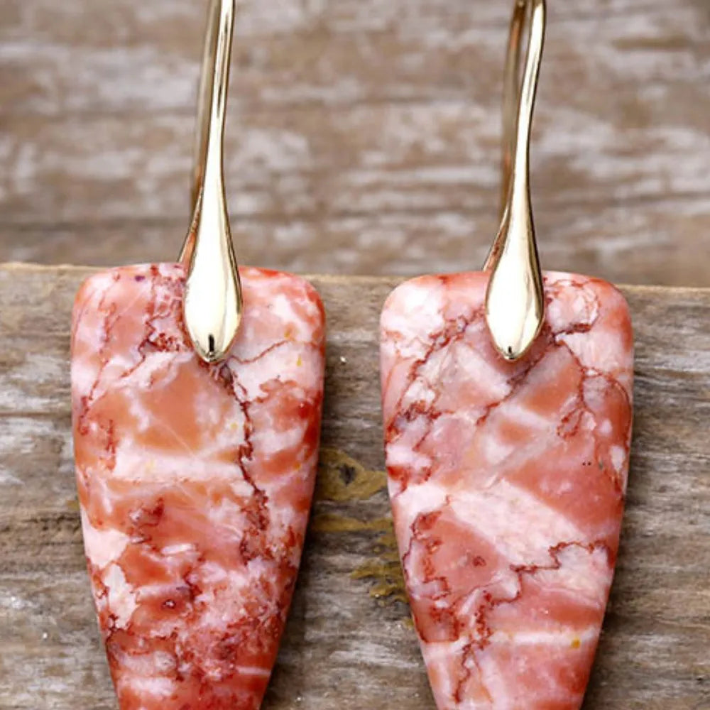 Glitter Vein Stone Drop Earrings in Gold/Burnt Coral with marbled pink and white stone.