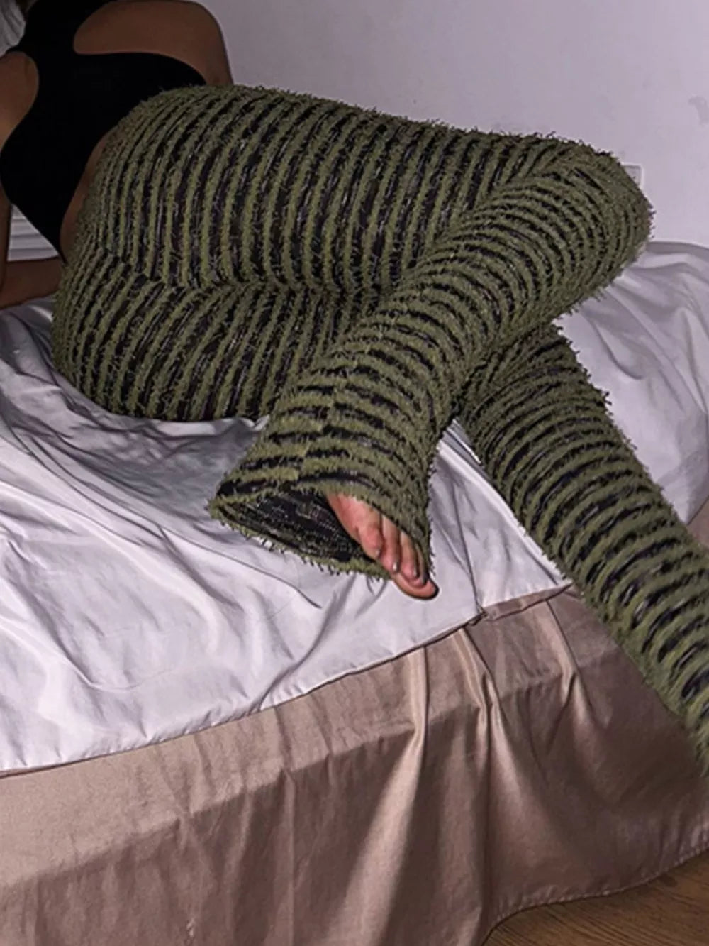 Striped Fuzzy Knit Pants in Army Green, fit detail