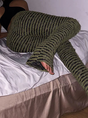 Striped Fuzzy Knit Pants in Army Green, fit detail