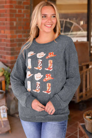 Dark gray corded sweatshirt with a western boot and hat print.