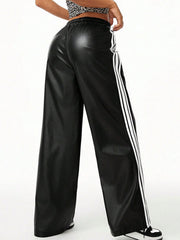 Black faux leather wide leg track pants with white side stripes and elastic waistband.