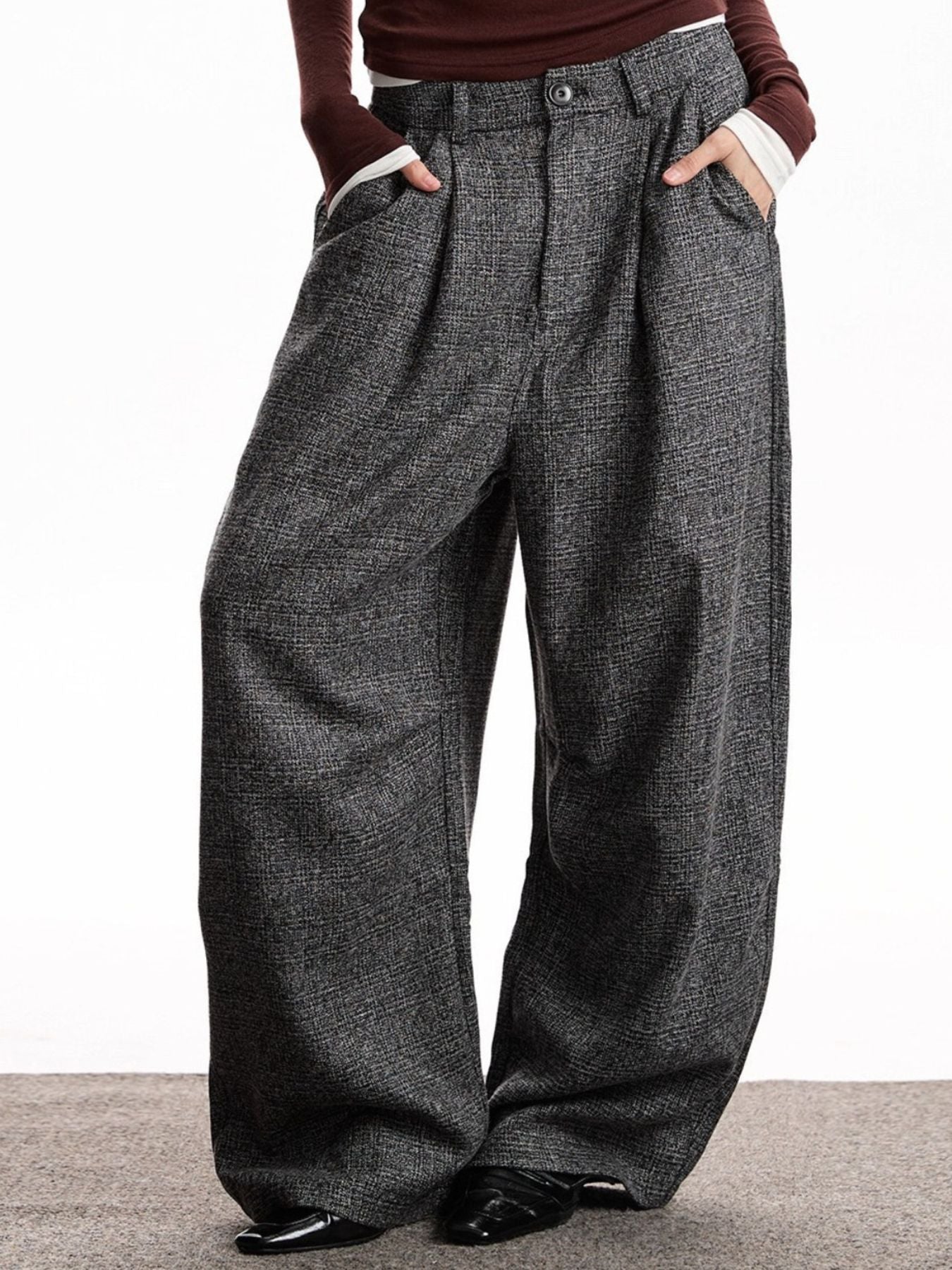 Men's gray plaid wide leg sweatpants with high waist and pleats