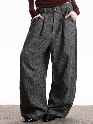 Men's gray plaid wide leg sweatpants with high waist and pleats